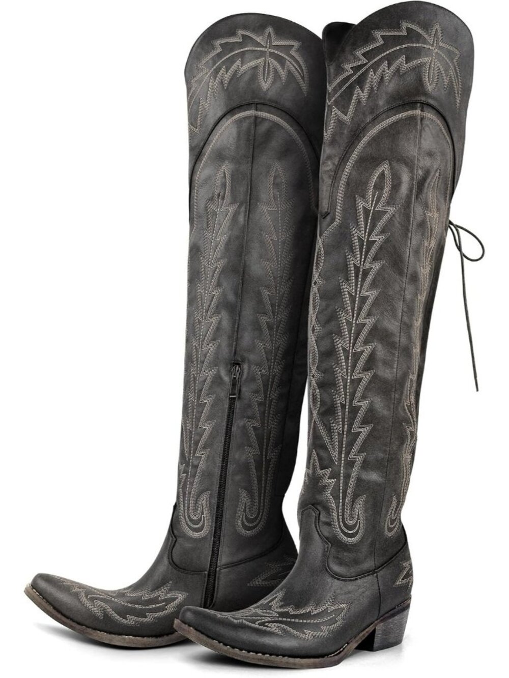Women's Black Over the Knee Cowboy Boots Adjustable Thigh High Cowgirl Boots